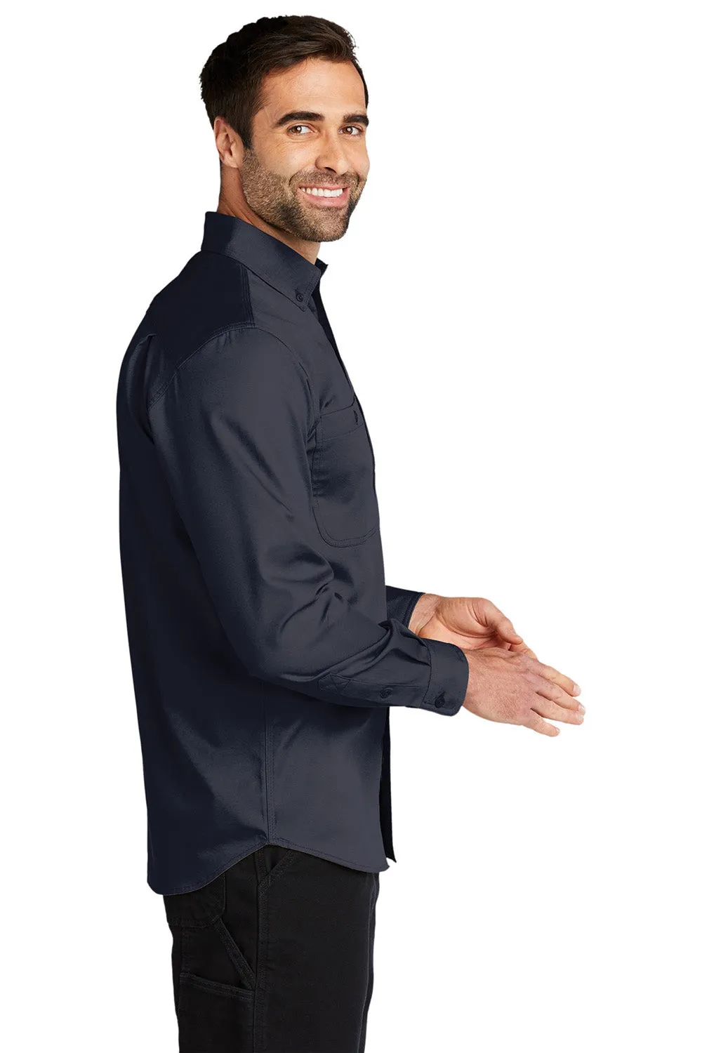 Carhartt Mens Rugged Professional Series Wrinkle Resistant Long Sleeve Button Down Shirt w/ Pocket - Navy Blue