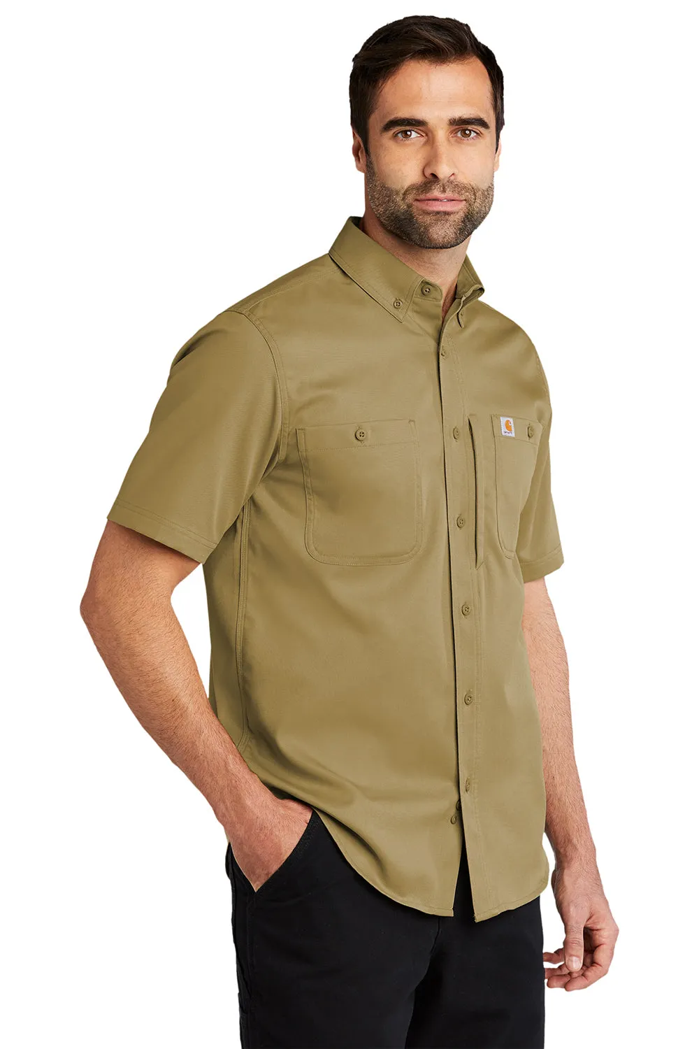 Carhartt Mens Rugged Professional Series Wrinkle Resistant Short Sleeve Button Down Shirt w/ Pocket - Dark Khaki Brown