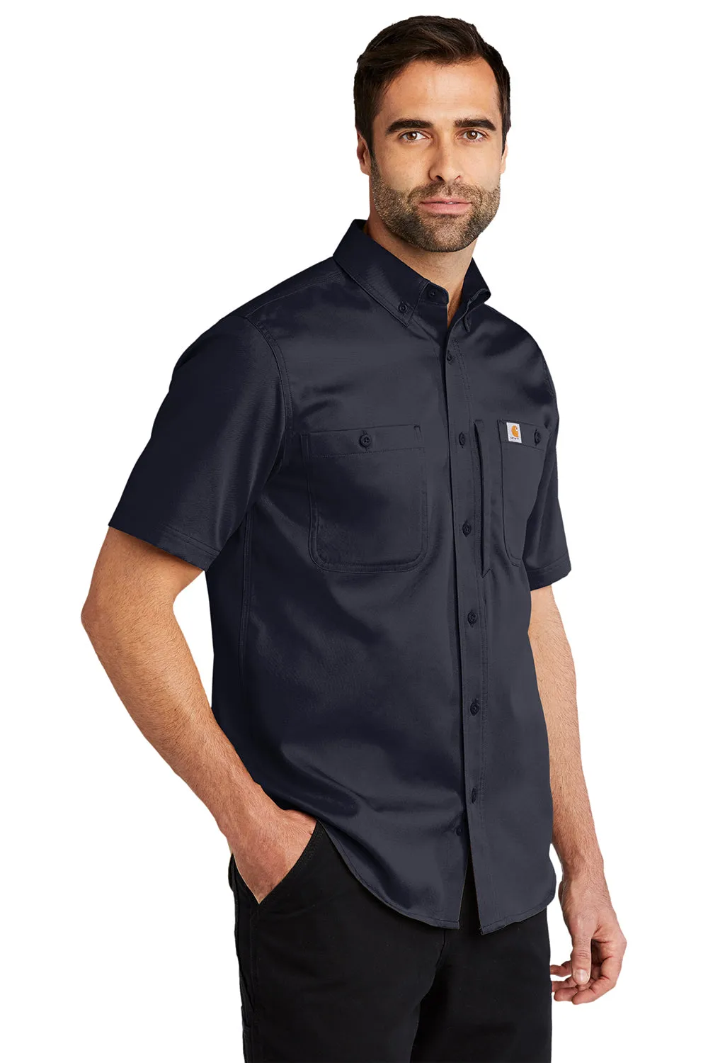 Carhartt Mens Rugged Professional Series Wrinkle Resistant Short Sleeve Button Down Shirt w/ Pocket - Navy Blue