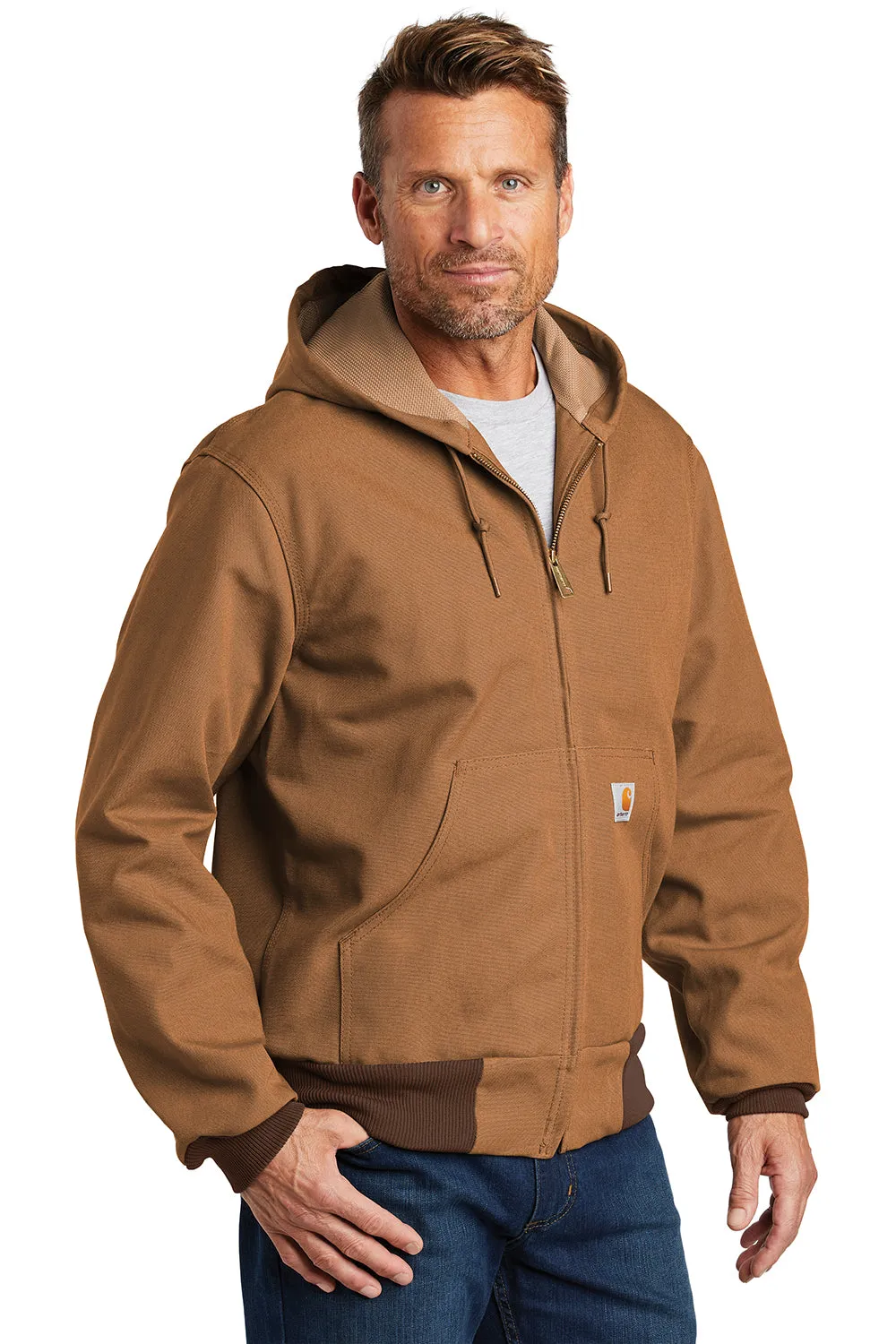 Carhartt Mens Wind & Water Resistant Duck Cloth Full Zip Hooded Work Jacket - Carhartt Brown