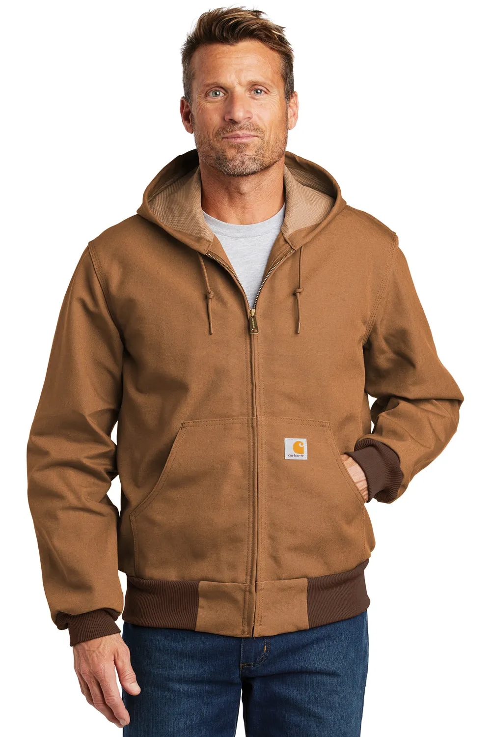 Carhartt Mens Wind & Water Resistant Duck Cloth Full Zip Hooded Work Jacket - Carhartt Brown