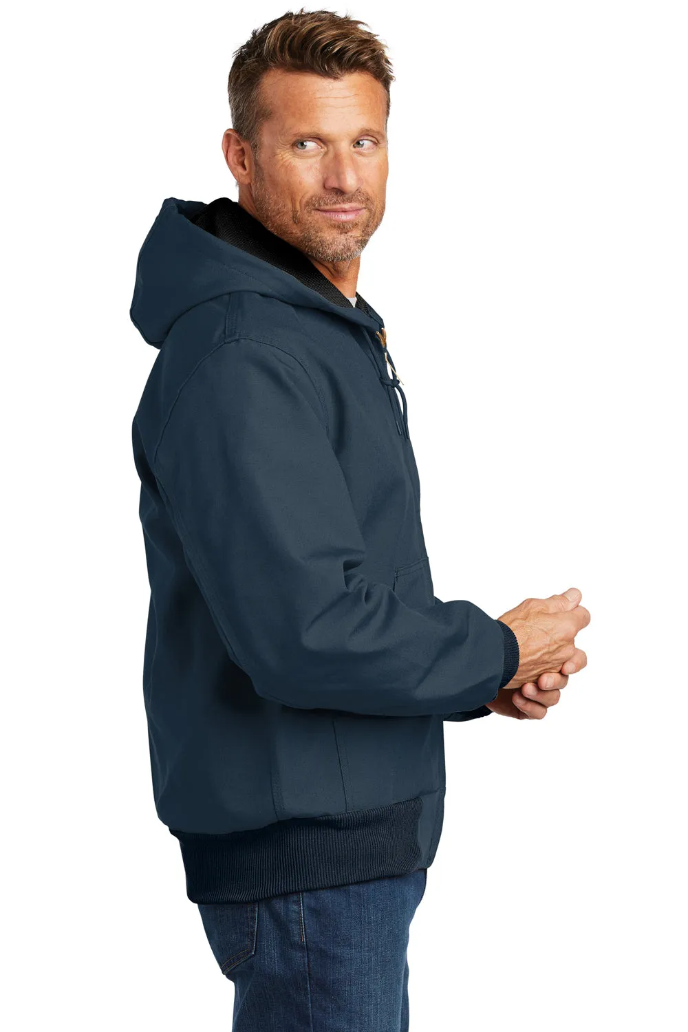 Carhartt Mens Wind & Water Resistant Duck Cloth Full Zip Hooded Work Jacket - Navy Blue