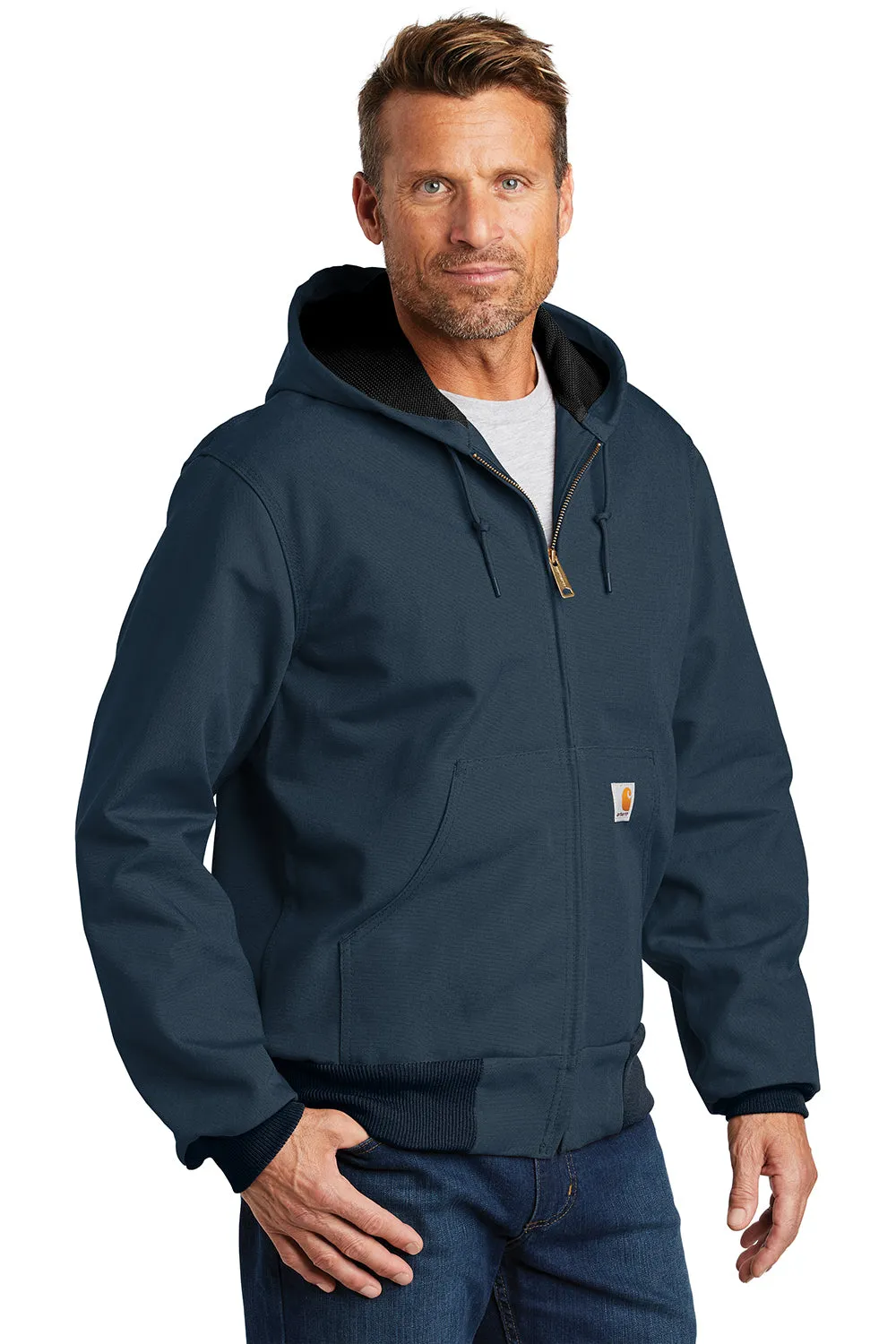 Carhartt Mens Wind & Water Resistant Duck Cloth Full Zip Hooded Work Jacket - Navy Blue