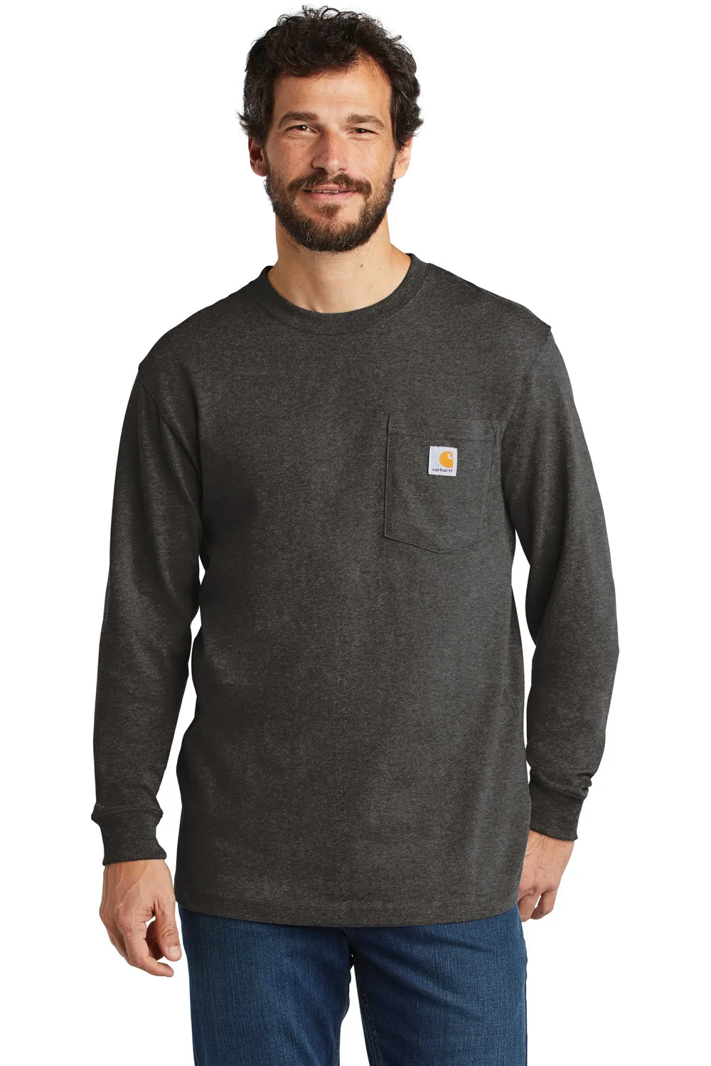 Carhartt Mens Workwear Long Sleeve Crewneck T-Shirt w/ Pocket - Heather Carbon Grey