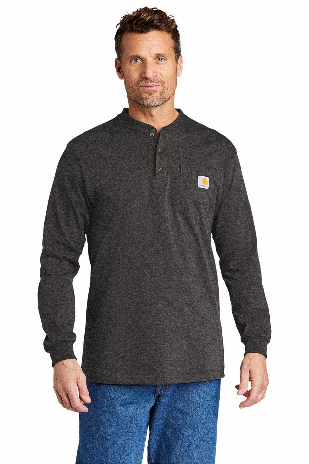 Carhartt Mens Long Sleeve Henley T-Shirt w/ Pocket - Heather Carbon Grey