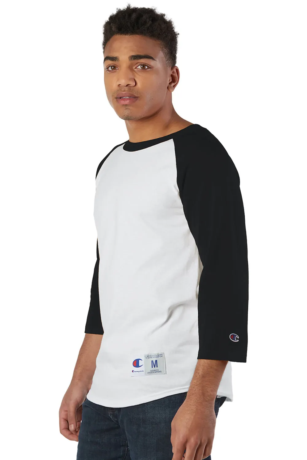 Champion Mens 3/4 Sleeve Crewneck T-Shirt - White/Black