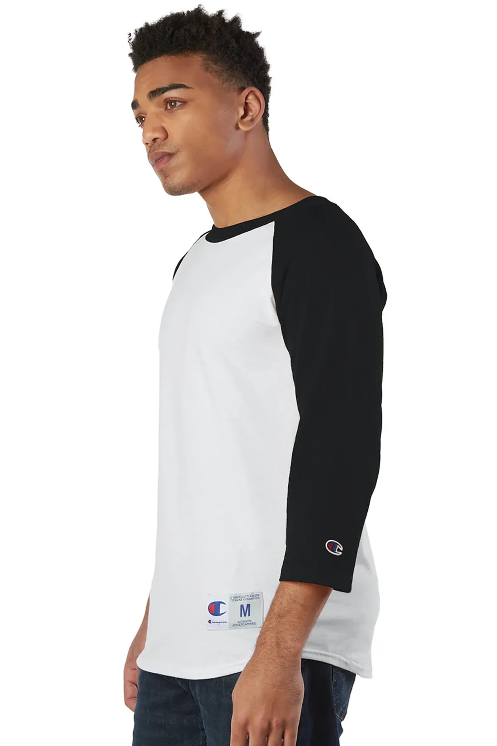 Champion Mens 3/4 Sleeve Crewneck T-Shirt - White/Black