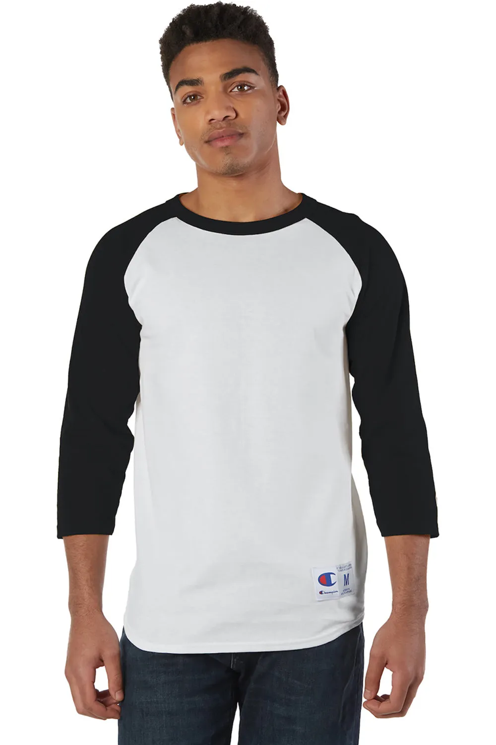 Champion Mens 3/4 Sleeve Crewneck T-Shirt - White/Black