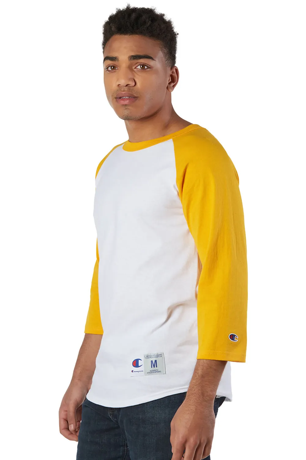 Champion Mens 3/4 Sleeve Crewneck T-Shirt - White/Gold