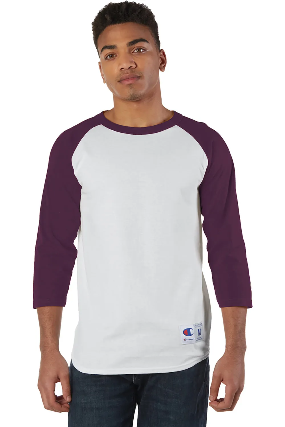Champion Mens 3/4 Sleeve Crewneck T-Shirt - White/Maroon
