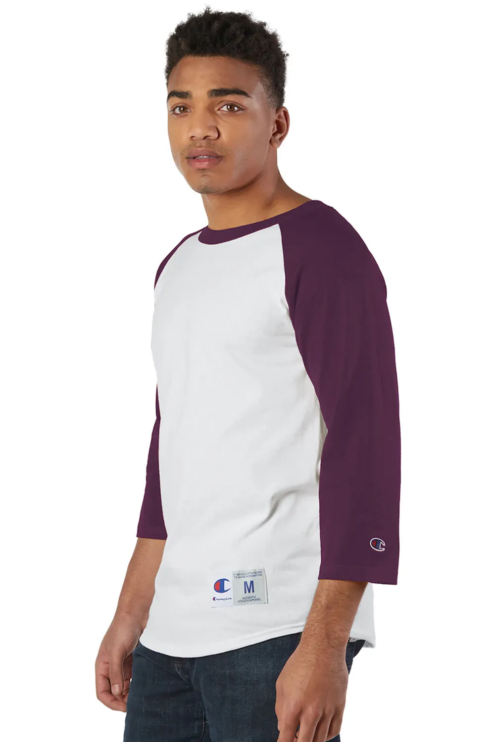 Champion Mens 3/4 Sleeve Crewneck T-Shirt - White/Maroon