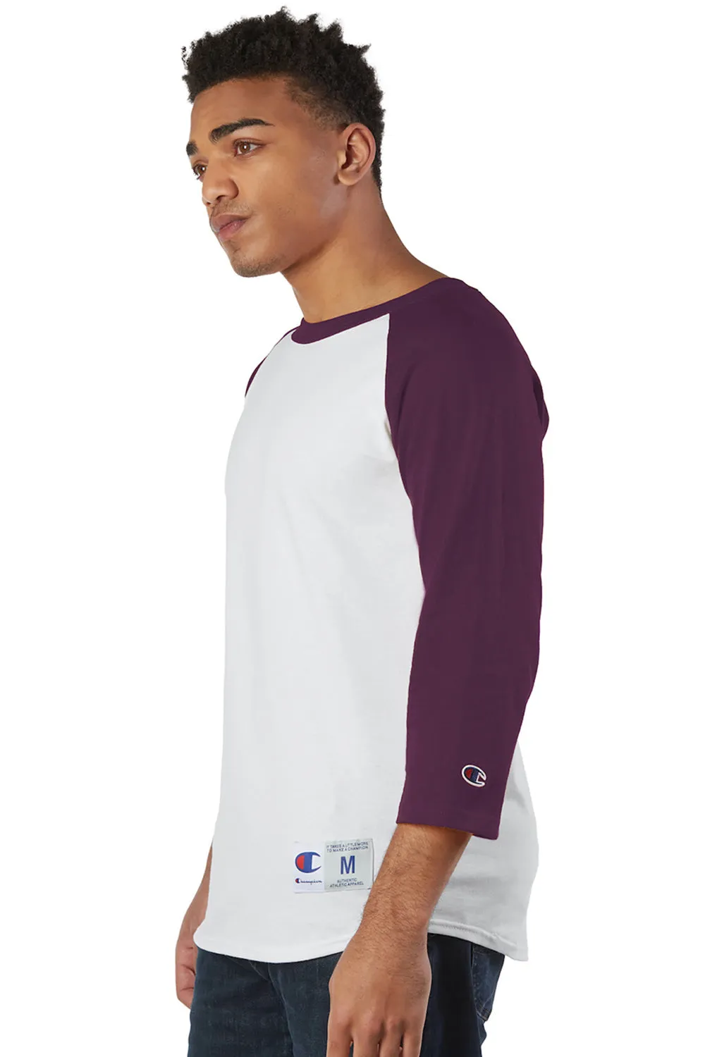 Champion Mens 3/4 Sleeve Crewneck T-Shirt - White/Maroon