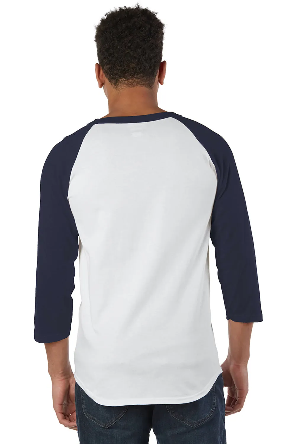Champion Mens 3/4 Sleeve Crewneck T-Shirt - White/Navy Blue