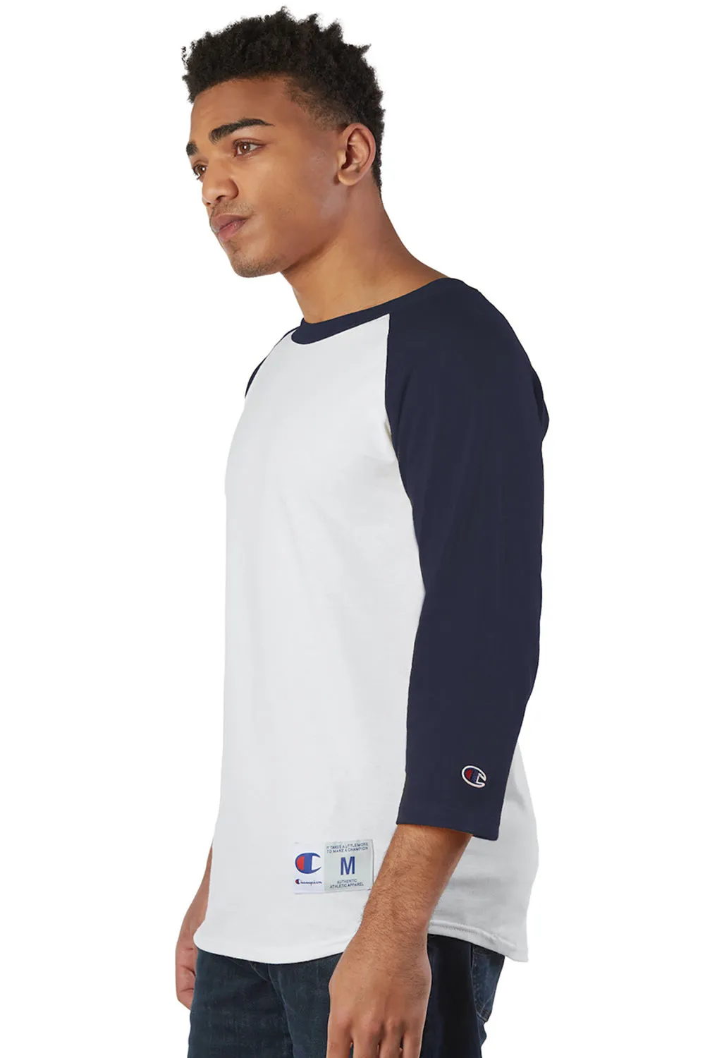 Champion Mens 3/4 Sleeve Crewneck T-Shirt - White/Navy Blue