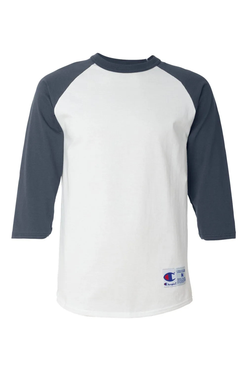 Champion Mens 3/4 Sleeve Crewneck T-Shirt - White/Navy Blue