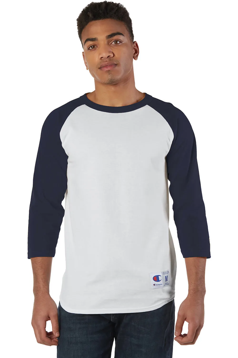 Champion Mens 3/4 Sleeve Crewneck T-Shirt - White/Navy Blue