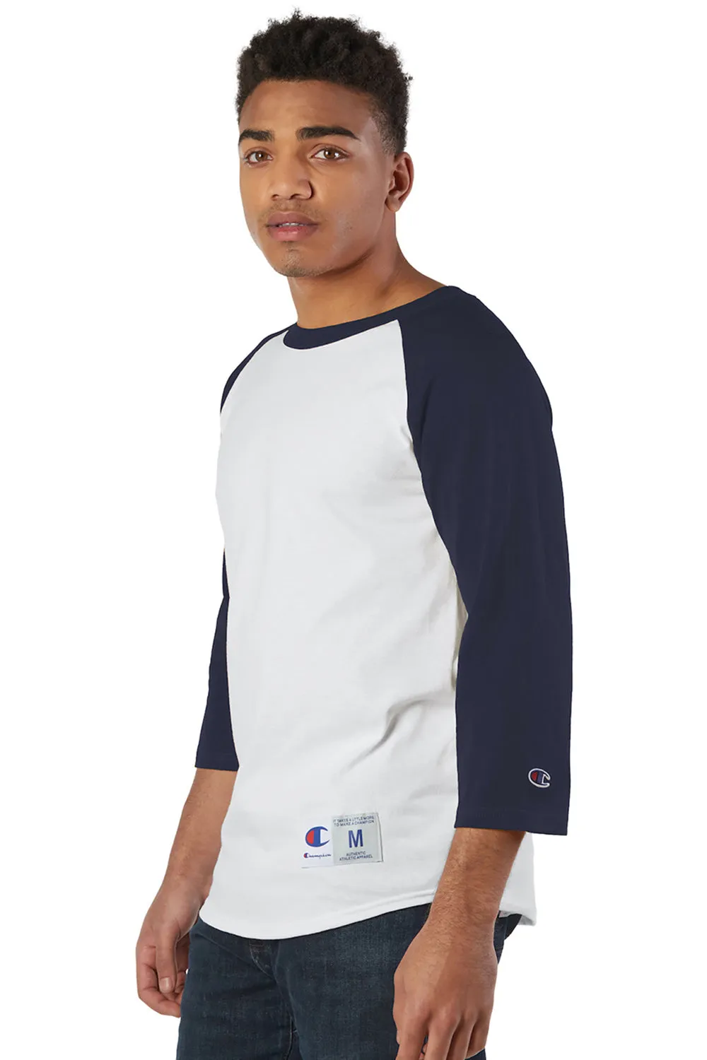 Champion Mens 3/4 Sleeve Crewneck T-Shirt - White/Navy Blue