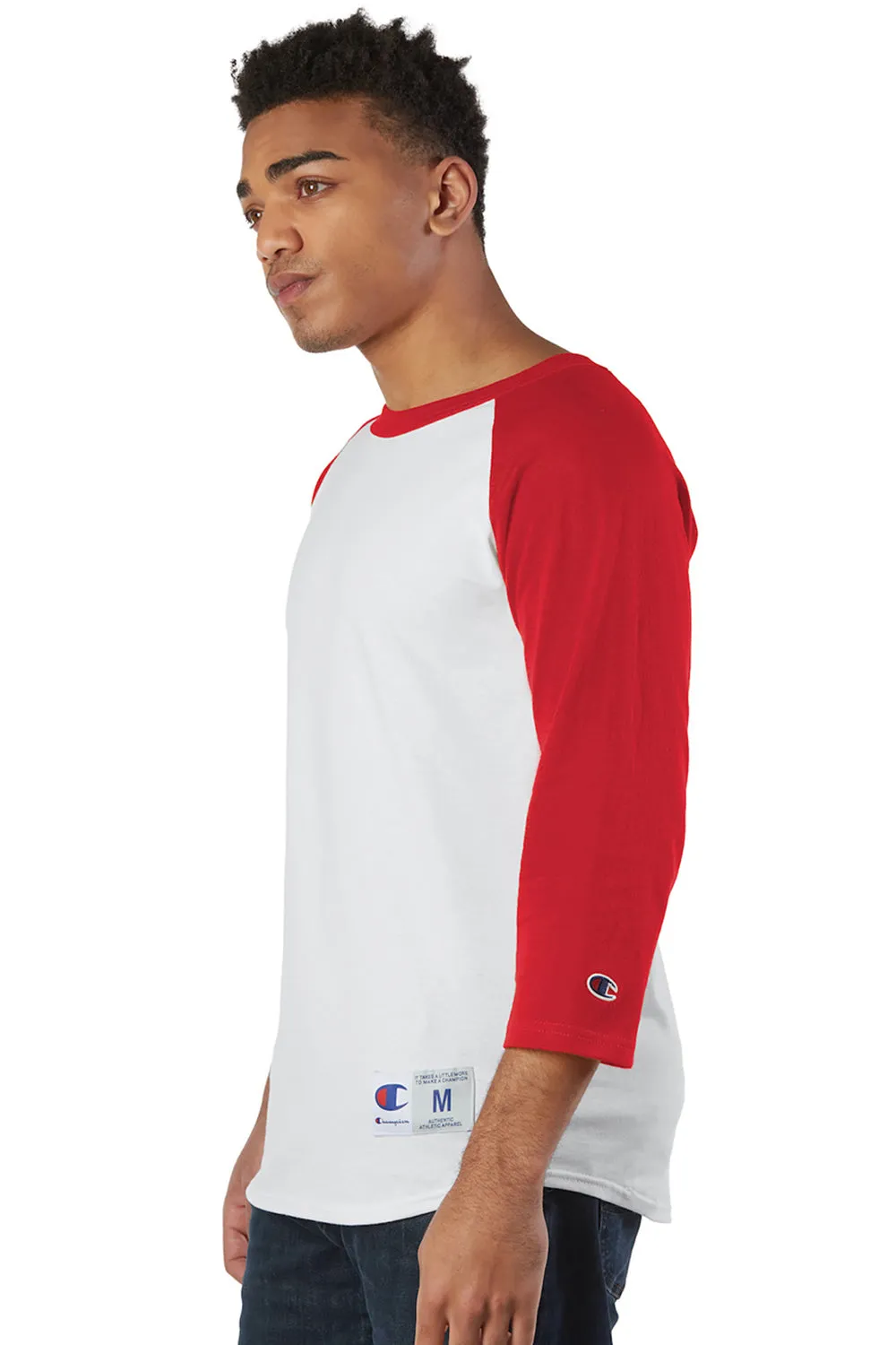 Champion Mens 3/4 Sleeve Crewneck T-Shirt - White/Scarlet Red