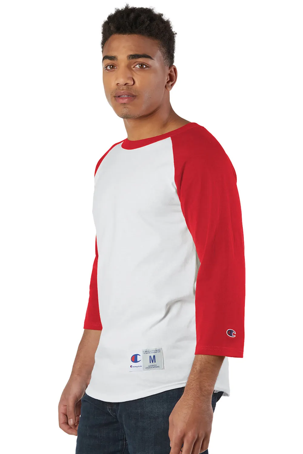 Champion Mens 3/4 Sleeve Crewneck T-Shirt - White/Scarlet Red