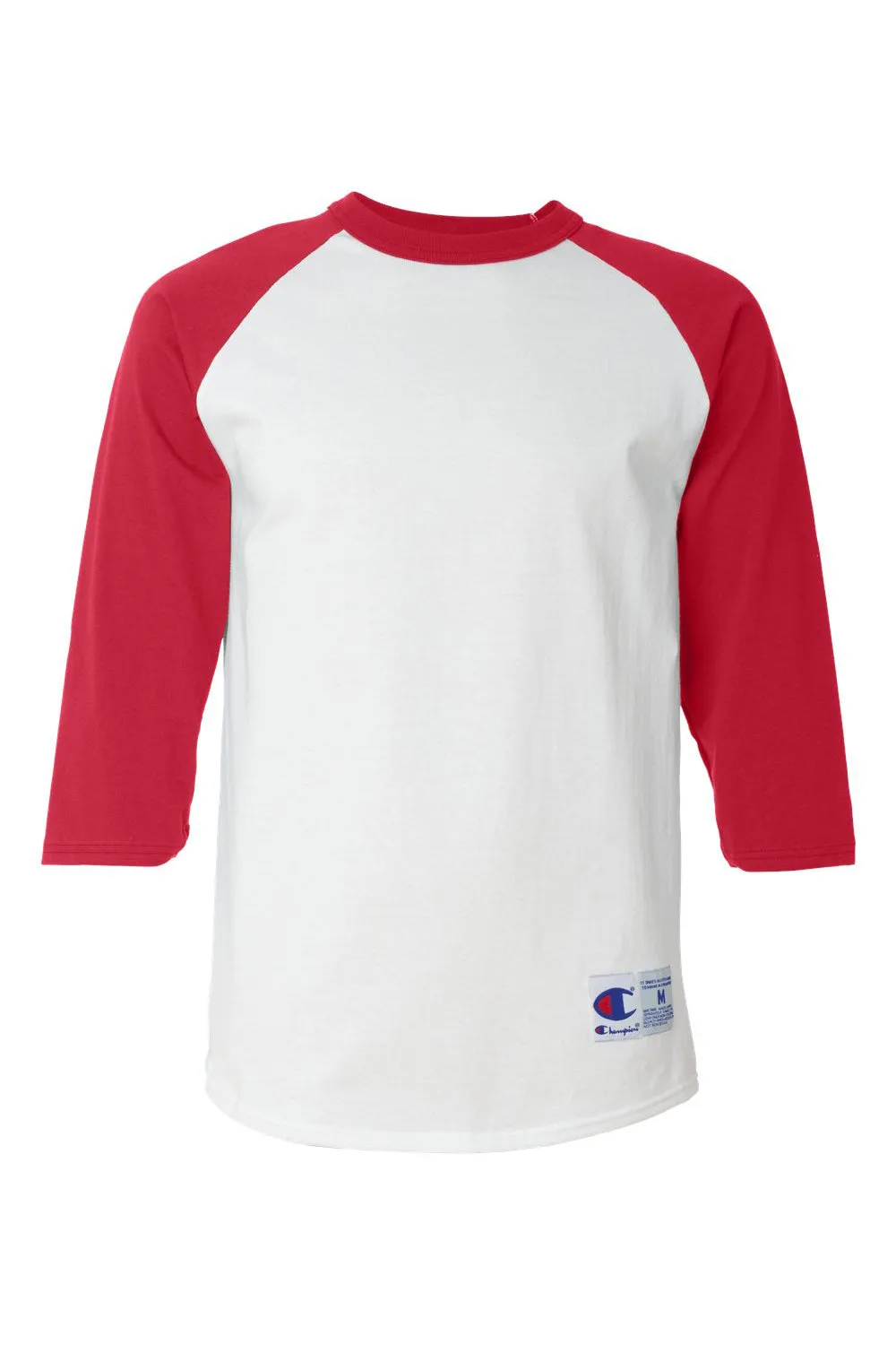 Champion Mens 3/4 Sleeve Crewneck T-Shirt - White/Scarlet Red