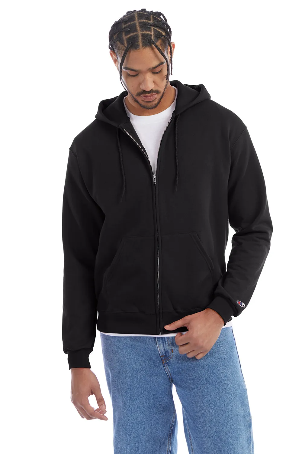 Champion Mens Double Dry Eco Moisture Wicking Fleece Full Zip Hooded Sweatshirt Hoodie w/ Pockets - Black