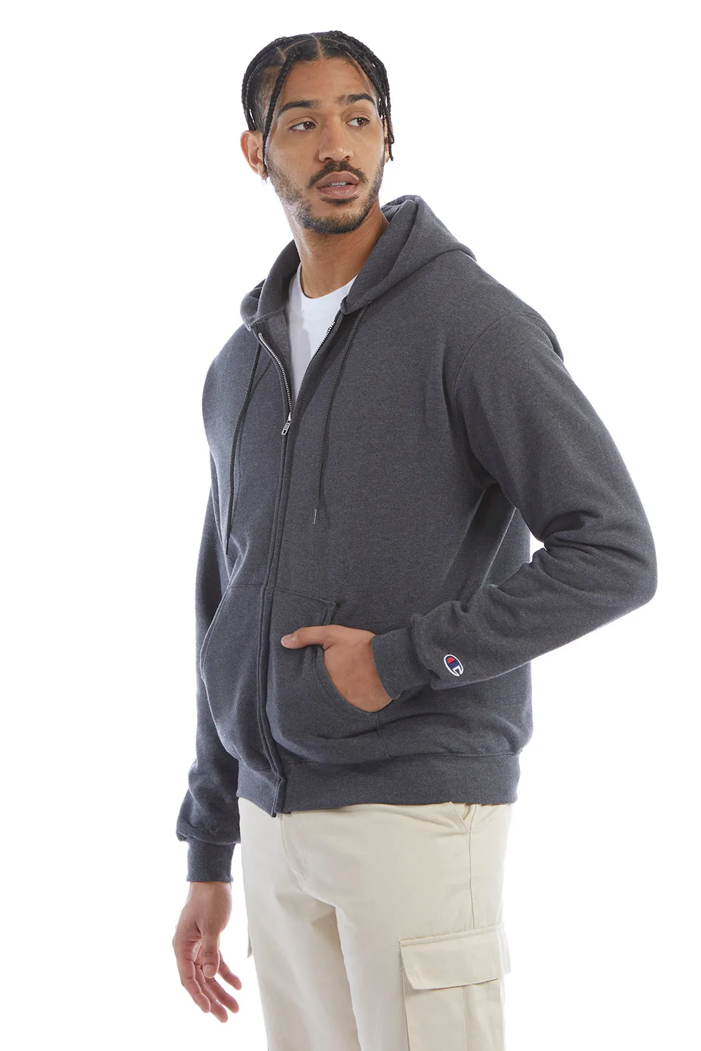 Champion Mens Double Dry Eco Moisture Wicking Fleece Full Zip Hooded Sweatshirt Hoodie w/ Pockets - Heather Charcoal Grey