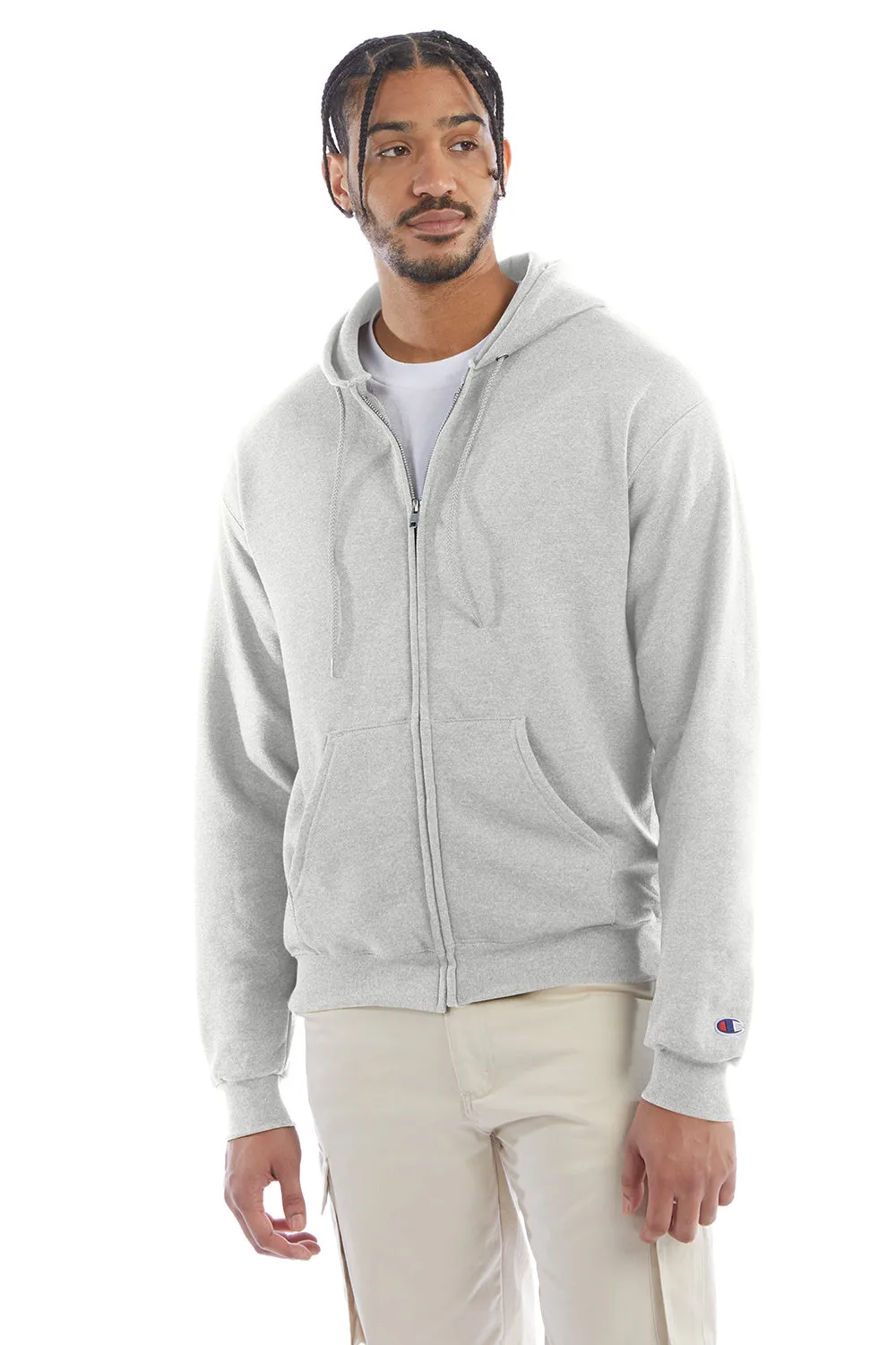 Champion Mens Double Dry Eco Moisture Wicking Fleece Full Zip Hooded Sweatshirt Hoodie w/ Pockets - Silver Grey