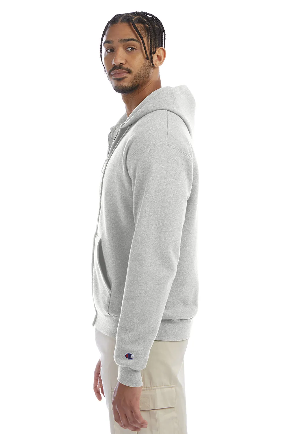 Champion Mens Double Dry Eco Moisture Wicking Fleece Full Zip Hooded Sweatshirt Hoodie w/ Pockets - Silver Grey