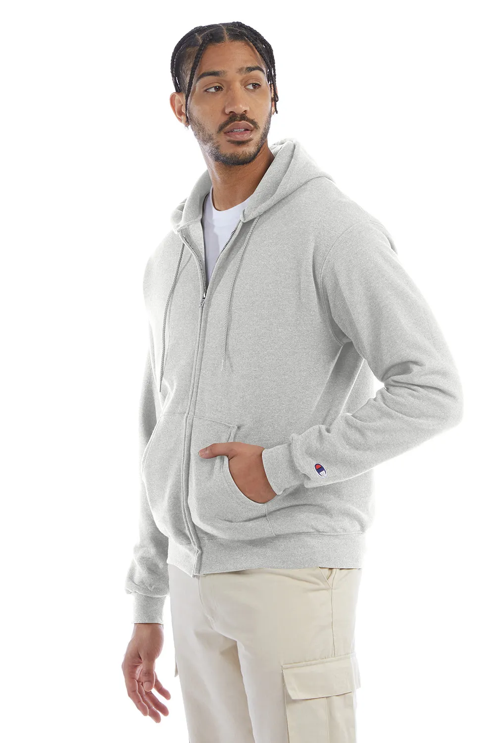 Champion Mens Double Dry Eco Moisture Wicking Fleece Full Zip Hooded Sweatshirt Hoodie w/ Pockets - Silver Grey