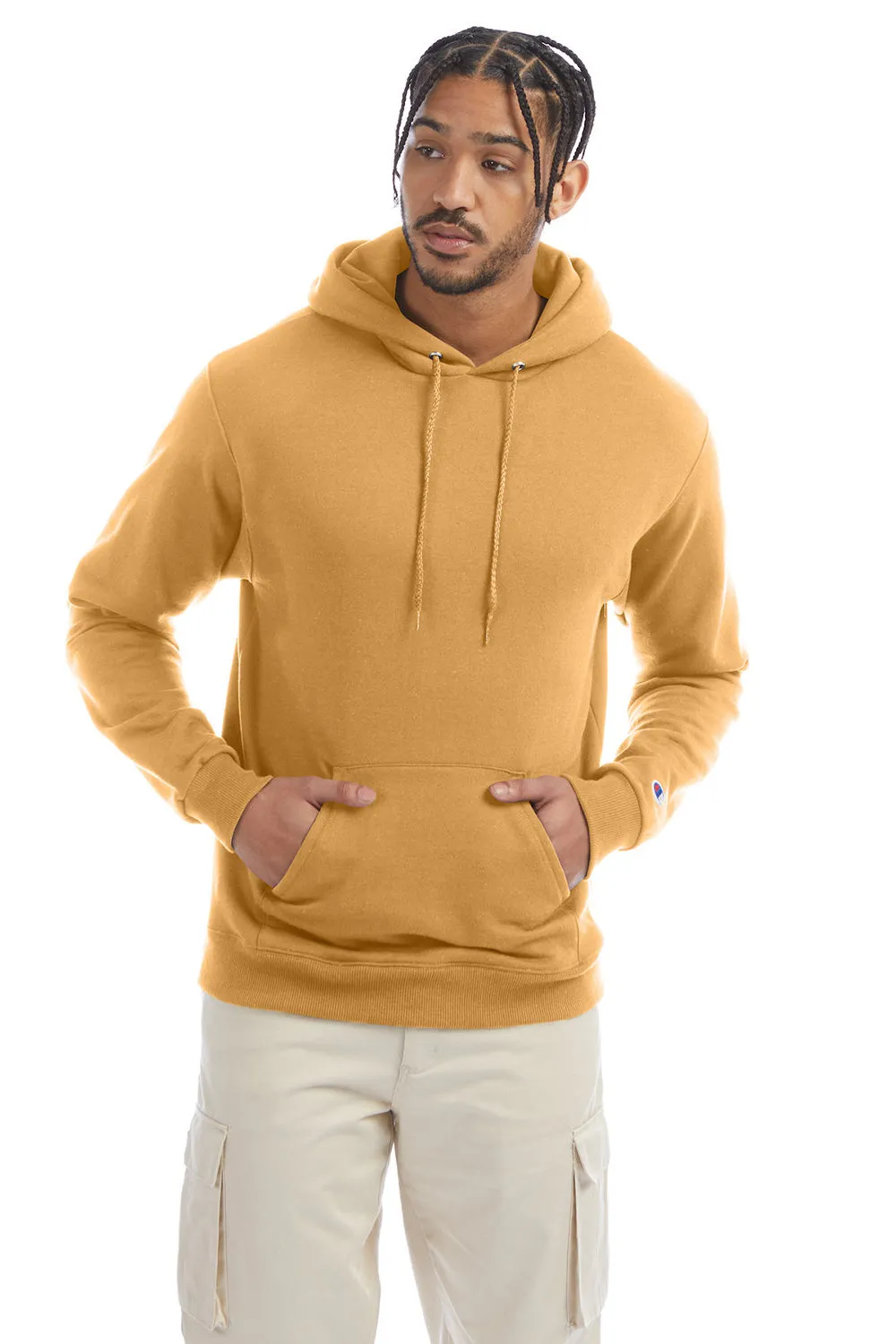 Champion Mens Double Dry Eco Moisture Wicking Fleece Hooded Sweatshirt Hoodie w/ Pouch Pocket - Gold Glint