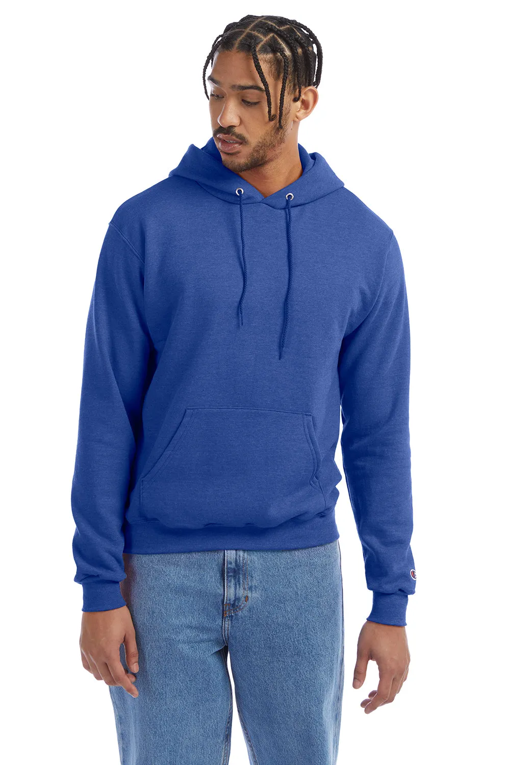 Champion Mens Double Dry Eco Moisture Wicking Fleece Hooded Sweatshirt Hoodie w/ Pouch Pocket - Heather Royal Blue