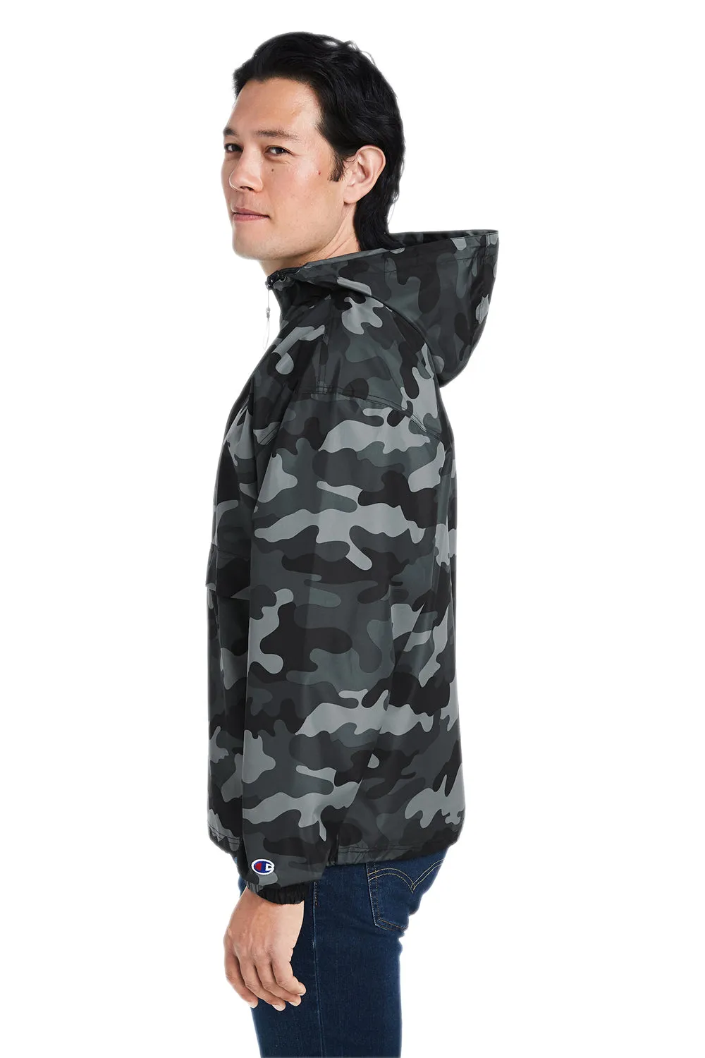 Champion Mens Packable Wind & Water Resistant Anorak 1/4 Zip Hooded Jacket - Concrete Grey Camo - Closeout