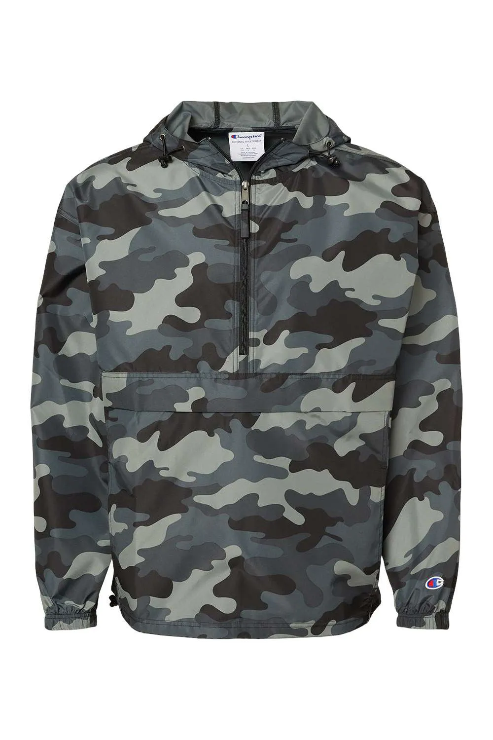 Champion Mens Packable Wind & Water Resistant Anorak 1/4 Zip Hooded Jacket - Concrete Grey Camo - Closeout