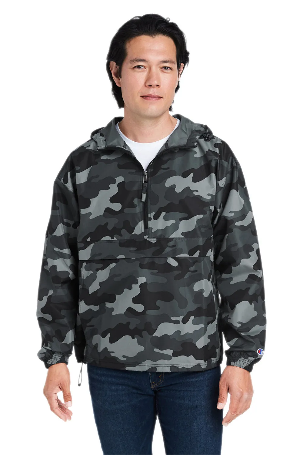 Champion Mens Packable Wind & Water Resistant Anorak 1/4 Zip Hooded Jacket - Concrete Grey Camo - Closeout