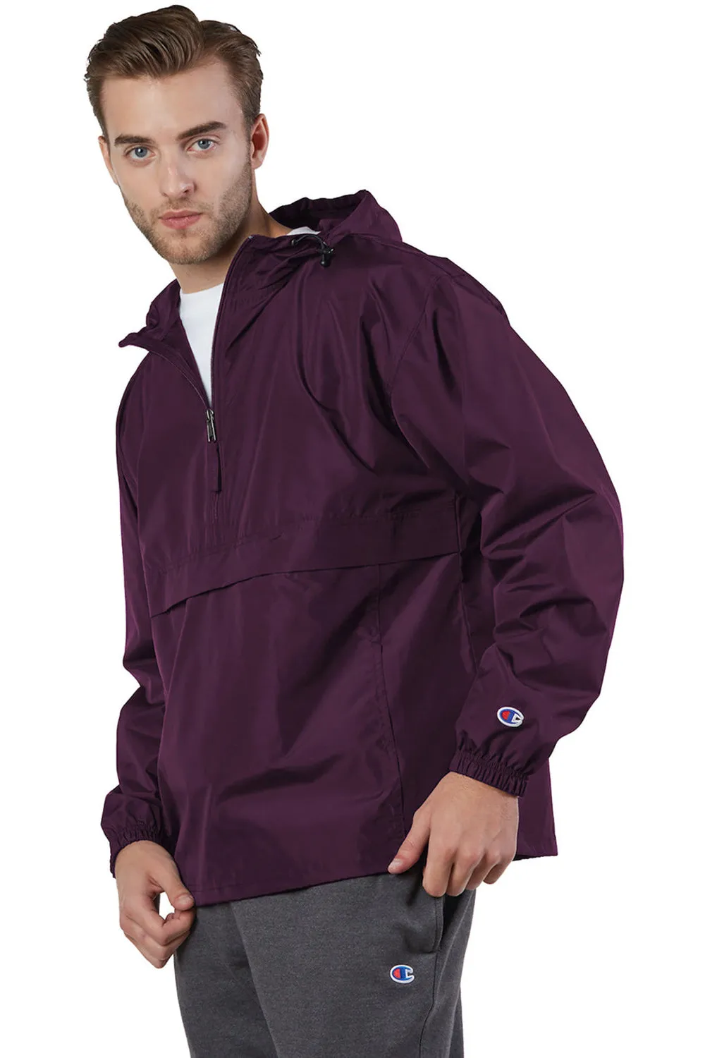 Champion Mens Packable Wind & Water Resistant Anorak 1/4 Zip Hooded Jacket - Maroon