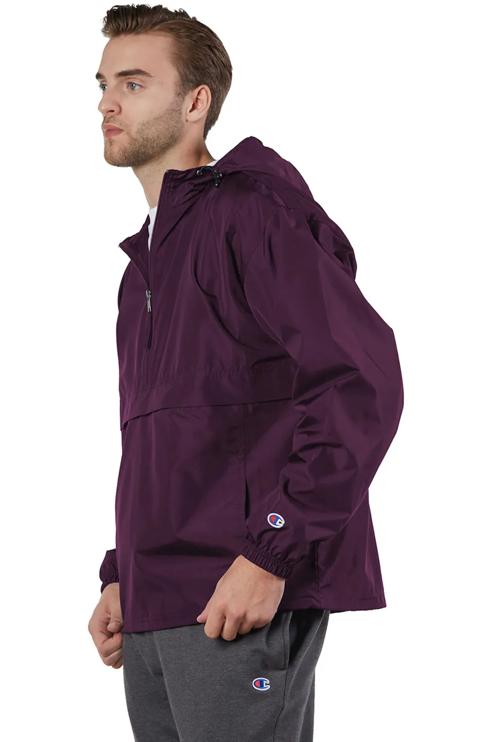 Champion Mens Packable Wind & Water Resistant Anorak 1/4 Zip Hooded Jacket - Maroon
