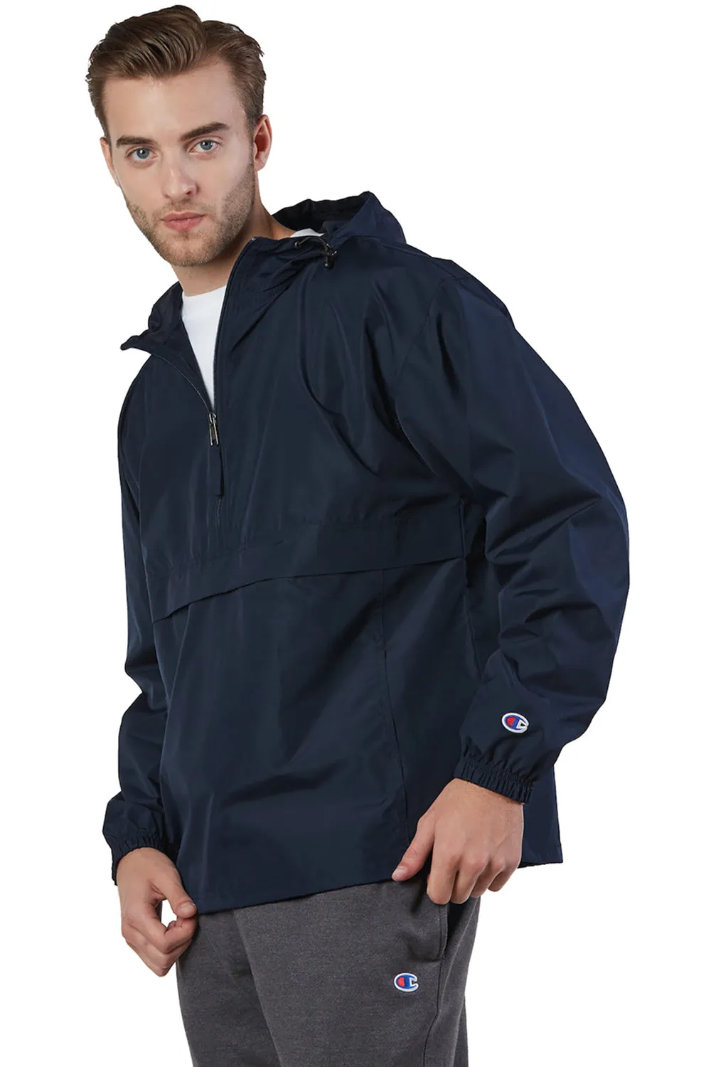 Champion Mens Packable Wind & Water Resistant Anorak 1/4 Zip Hooded Jacket - Navy Blue
