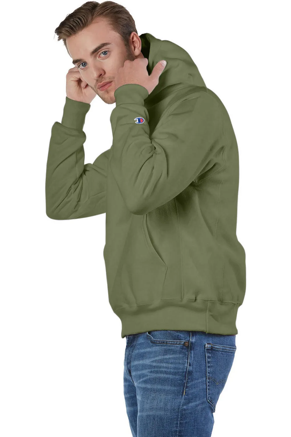 Champion Mens Shrink Resistant Hooded Sweatshirt Hoodie w/ Pouch Pocket - Fresh Olive Green