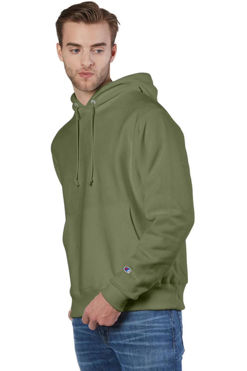 Champion Mens Shrink Resistant Hooded Sweatshirt Hoodie w/ Pouch Pocket - Fresh Olive Green