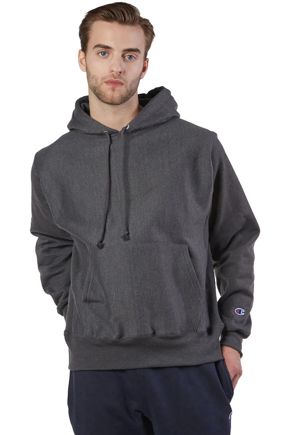 Champion Mens Shrink Resistant Hooded Sweatshirt Hoodie w/ Pouch Pocket - Heather Charcoal Grey