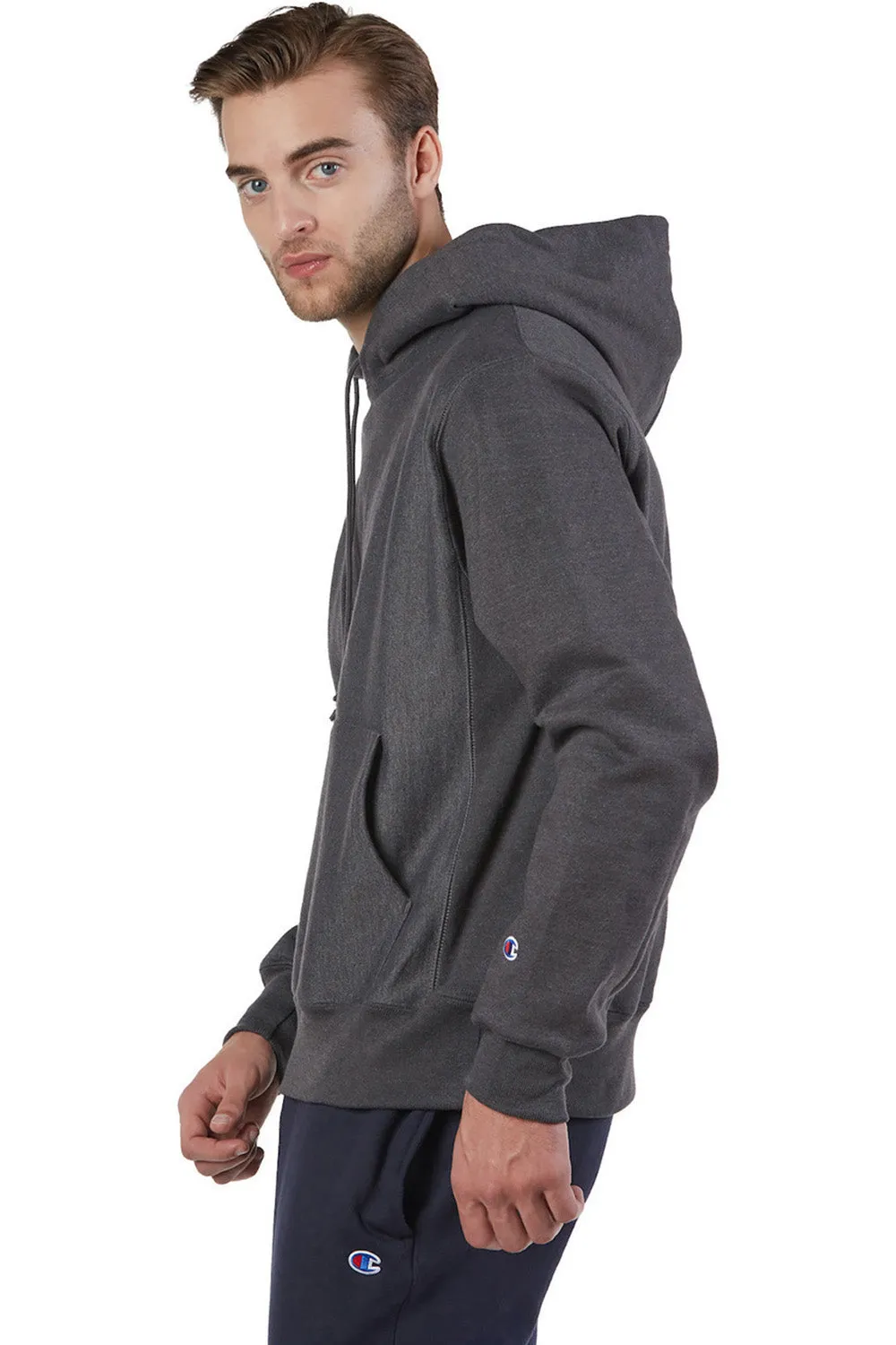 Champion Mens Shrink Resistant Hooded Sweatshirt Hoodie w/ Pouch Pocket - Heather Charcoal Grey