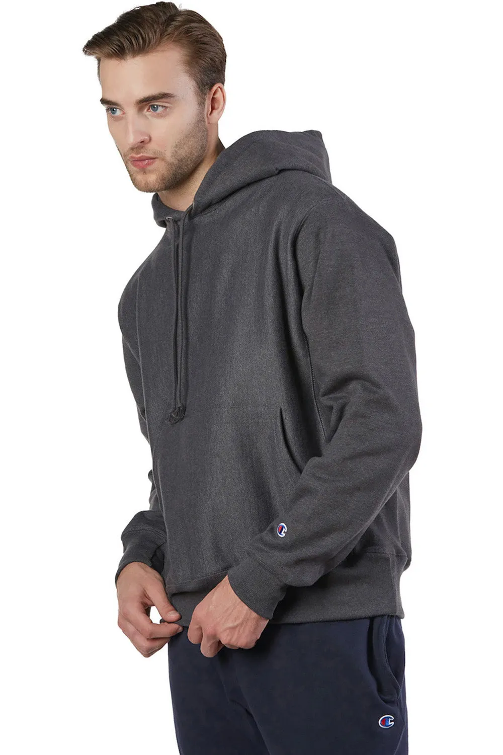 Champion Mens Shrink Resistant Hooded Sweatshirt Hoodie w/ Pouch Pocket - Heather Charcoal Grey