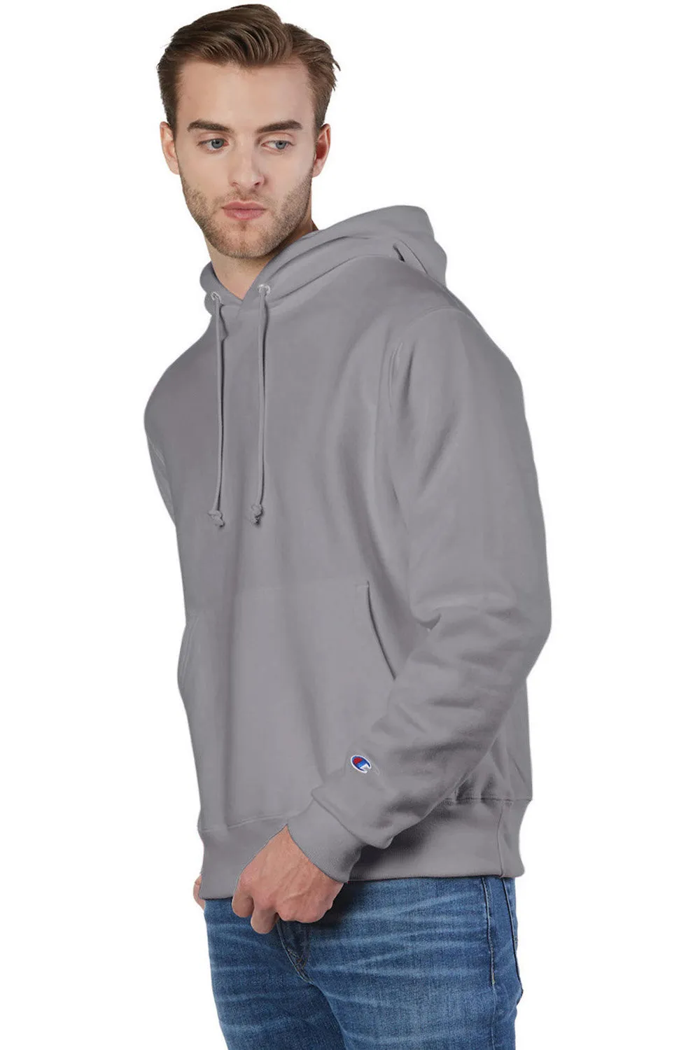 Champion Mens Shrink Resistant Hooded Sweatshirt Hoodie w/ Pouch Pocket - Stone Grey
