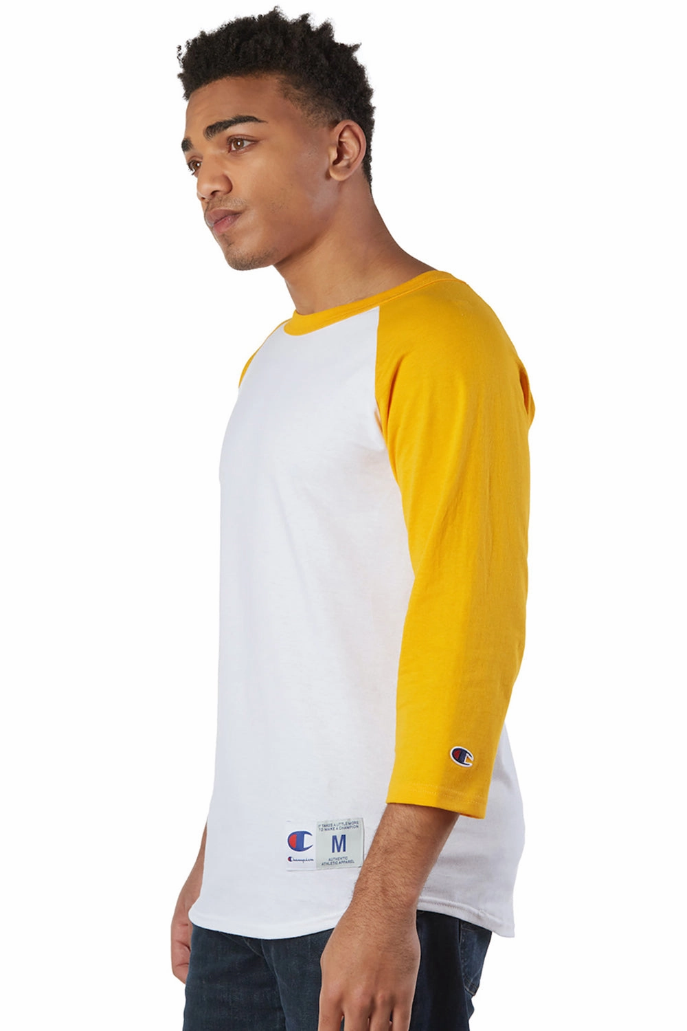 Champion Mens 3/4 Sleeve Crewneck T-Shirt - White/Gold