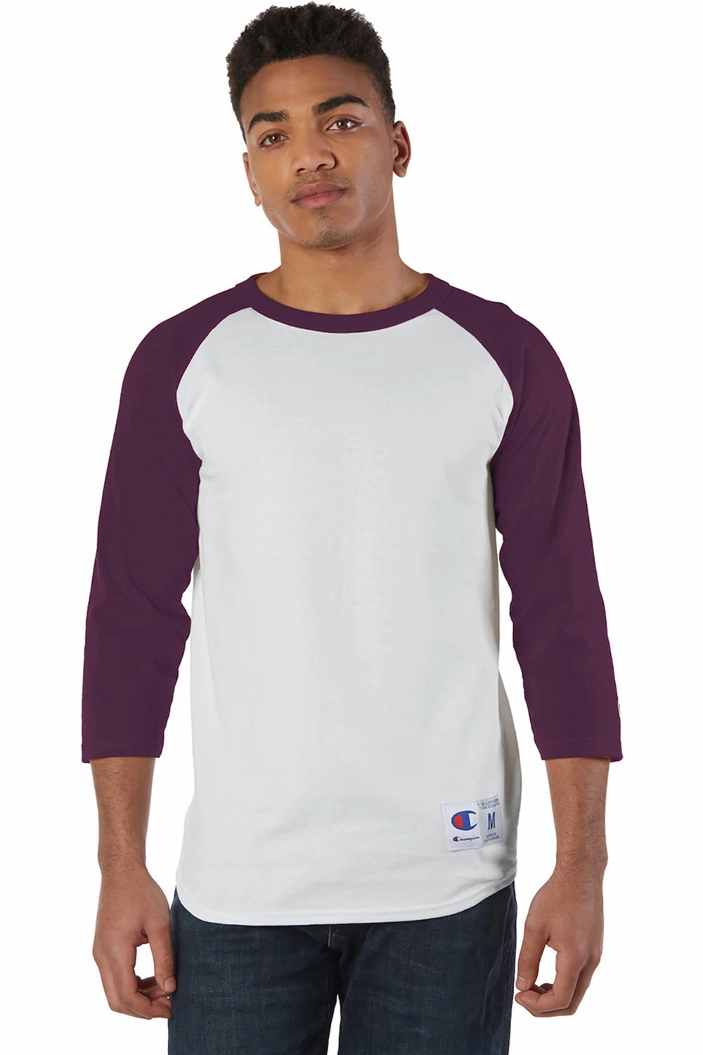 Champion Mens 3/4 Sleeve Crewneck T-Shirt - White/Maroon