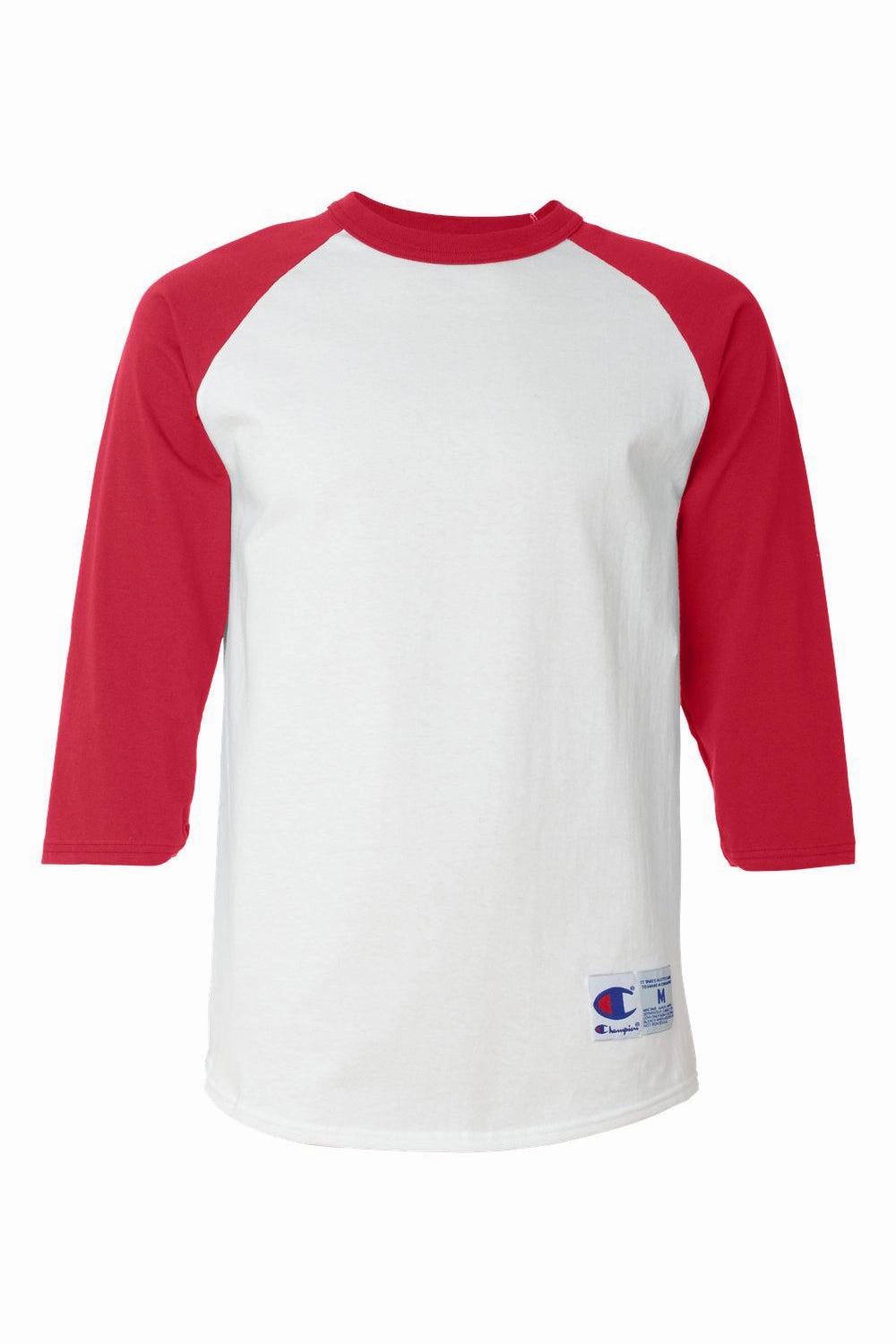Champion Mens 3/4 Sleeve Crewneck T-Shirt - White/Scarlet Red