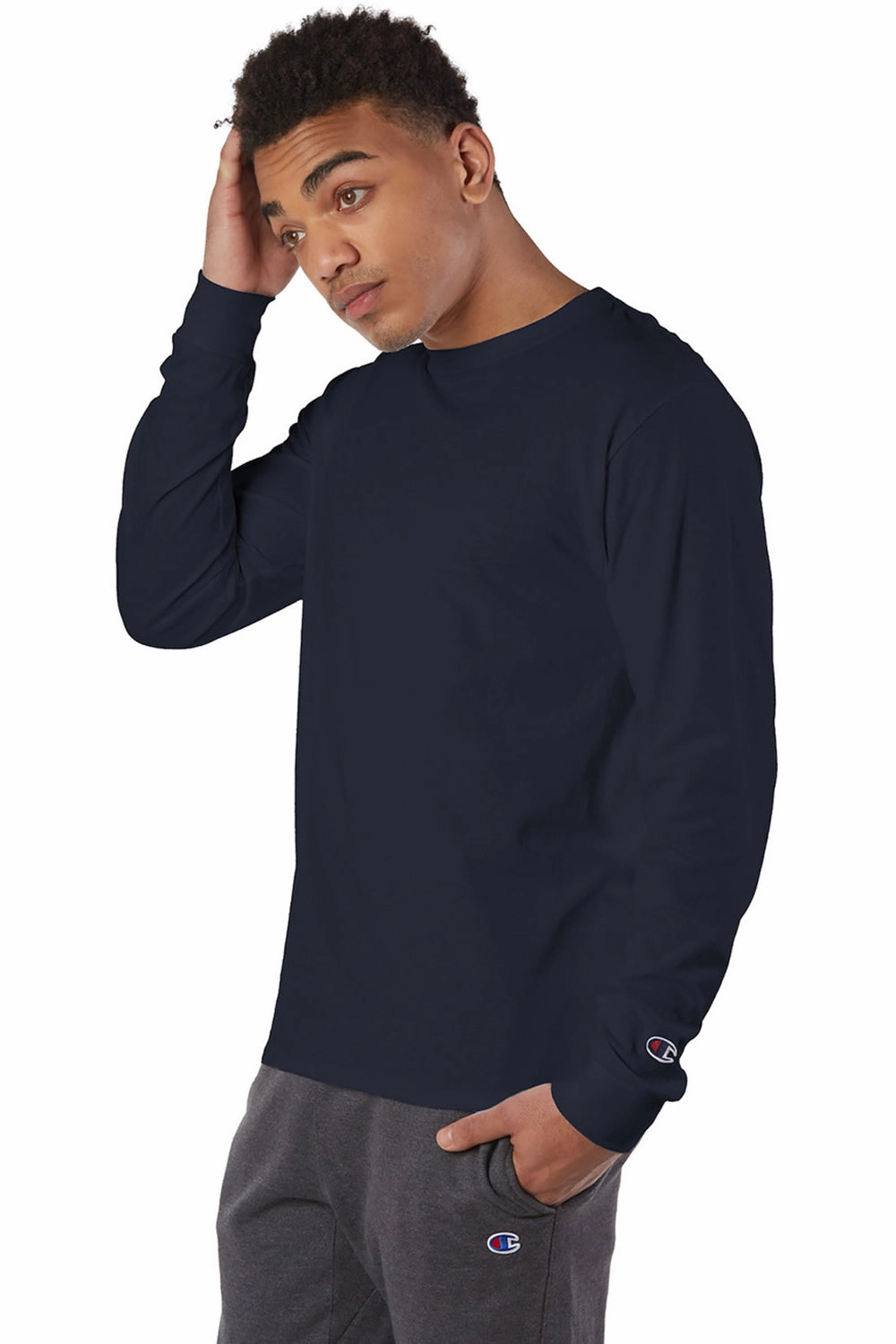 Champion Mens Long Sleeve Crewneck T-Shirt - Navy Blue - Closeout