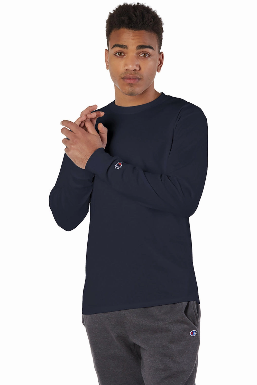 Champion Mens Long Sleeve Crewneck T-Shirt - Navy Blue - Closeout