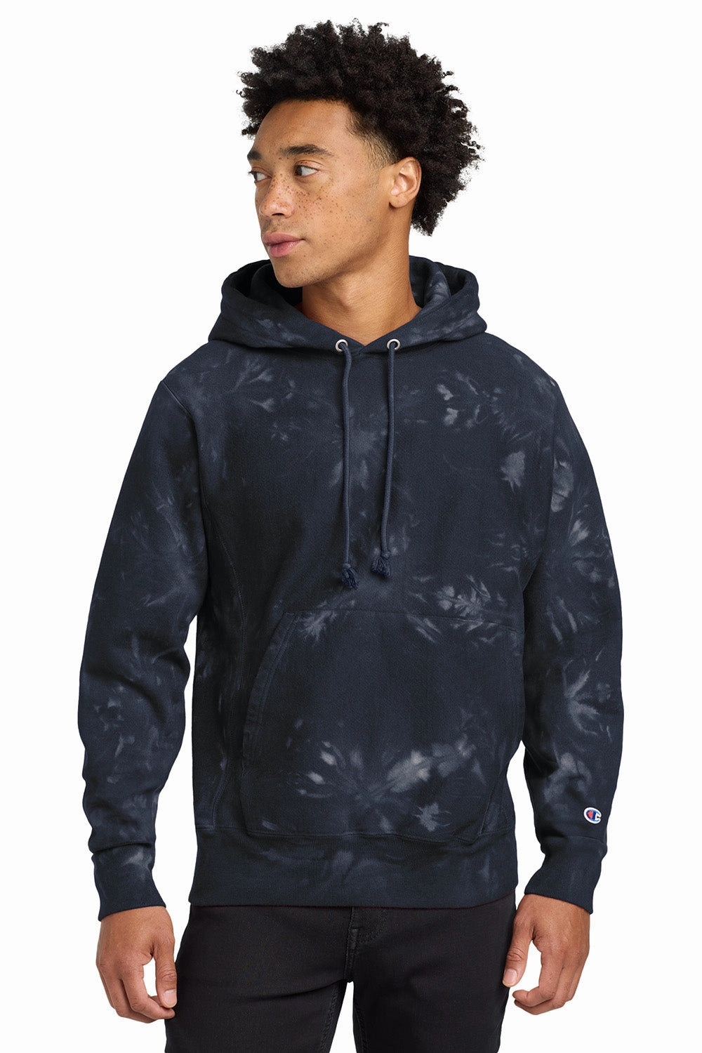 Champion Mens Reverse Weave Scrunch Dye Hooded Sweatshirt Hoodie w/ Pouch Pocket - Navy Blue