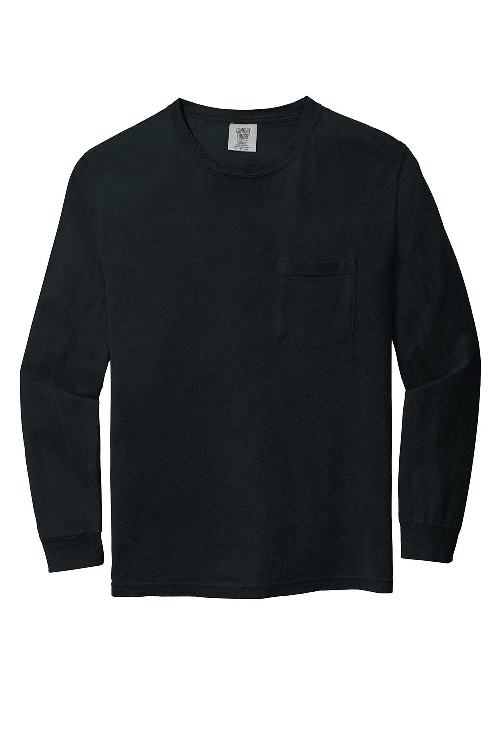 Comfort Colors Mens Long Sleeve Crewneck T-Shirt w/ Pocket - Black